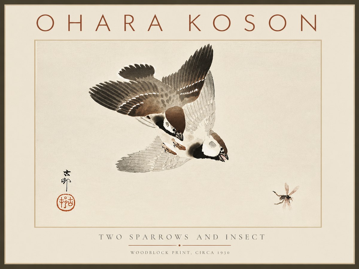 Ohara Koson Two Sparrows and Insect No6 - Affiche