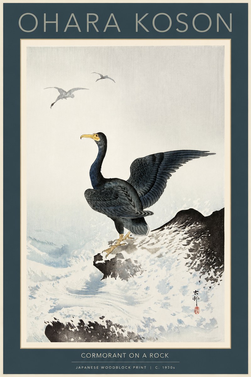 Ohara Koson Cormorant on a Rock No2 - Affiche