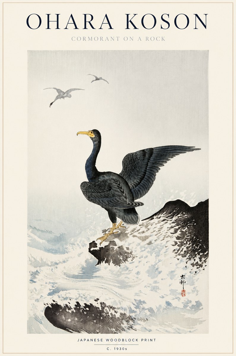 Ohara Koson Cormorant on a Rock No3 - Affiche