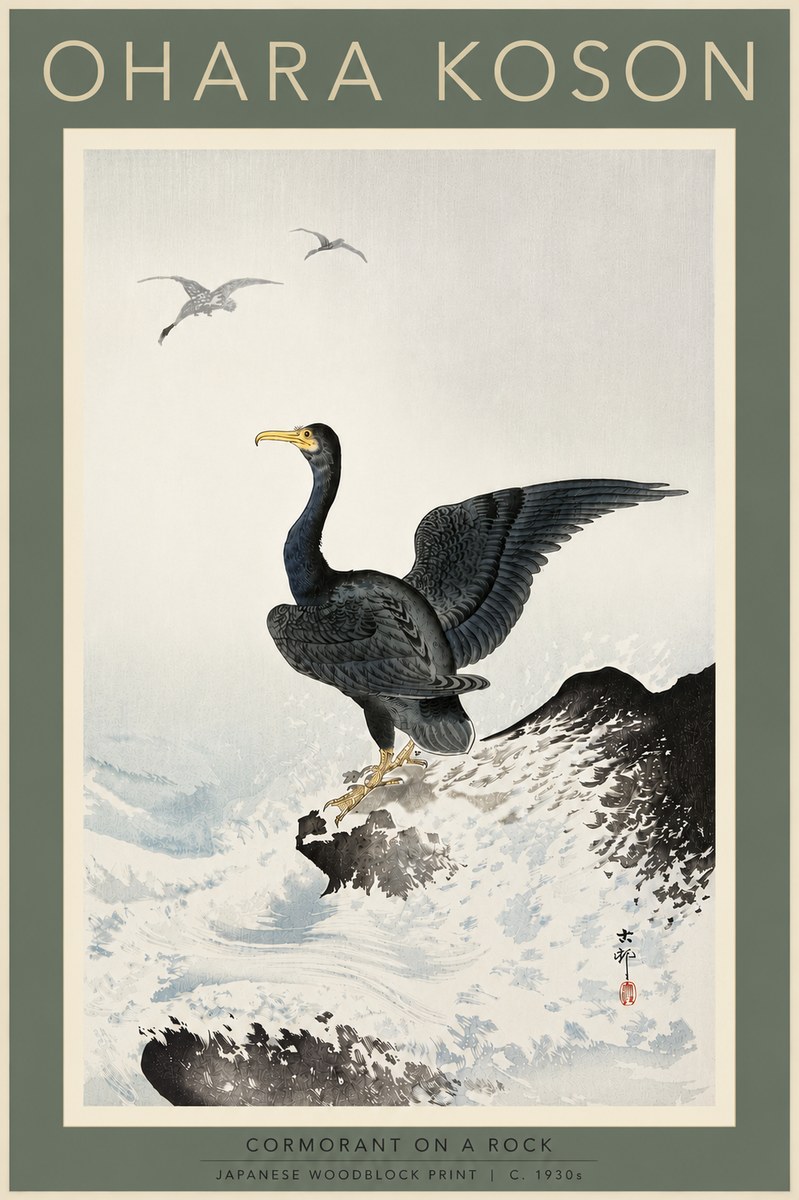 Ohara Koson Cormorant on a Rock No5 - Affiche