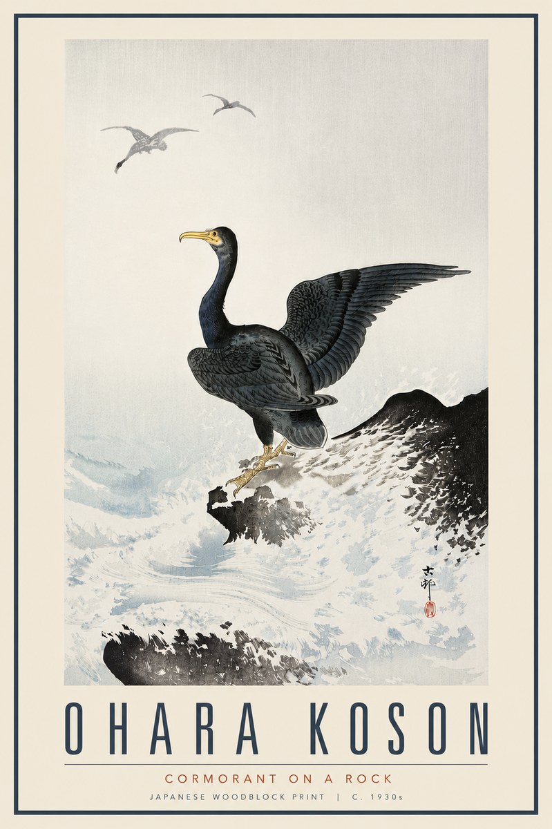 Ohara Koson Cormorant on a Rock No6 - Affiche