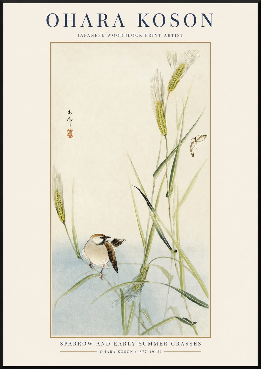 Ohara Koson Sparrow and Early Summer Grasses No1 - Affiche