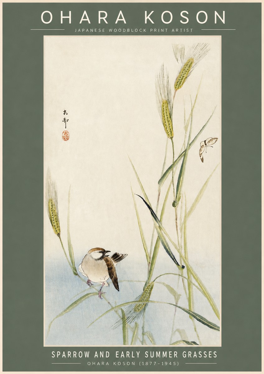 Ohara Koson Sparrow and Early Summer Grasses No2 - Affiche