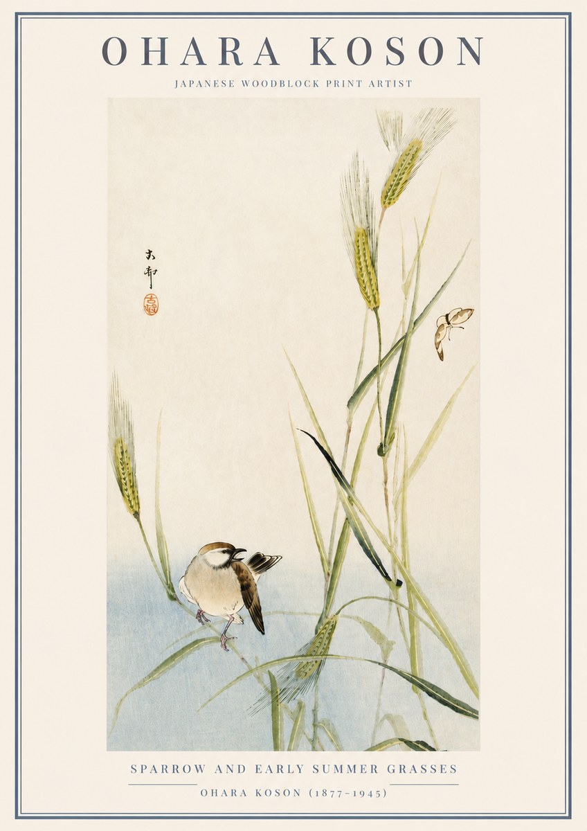 Ohara Koson Sparrow and Early Summer Grasses No3 - Affiche