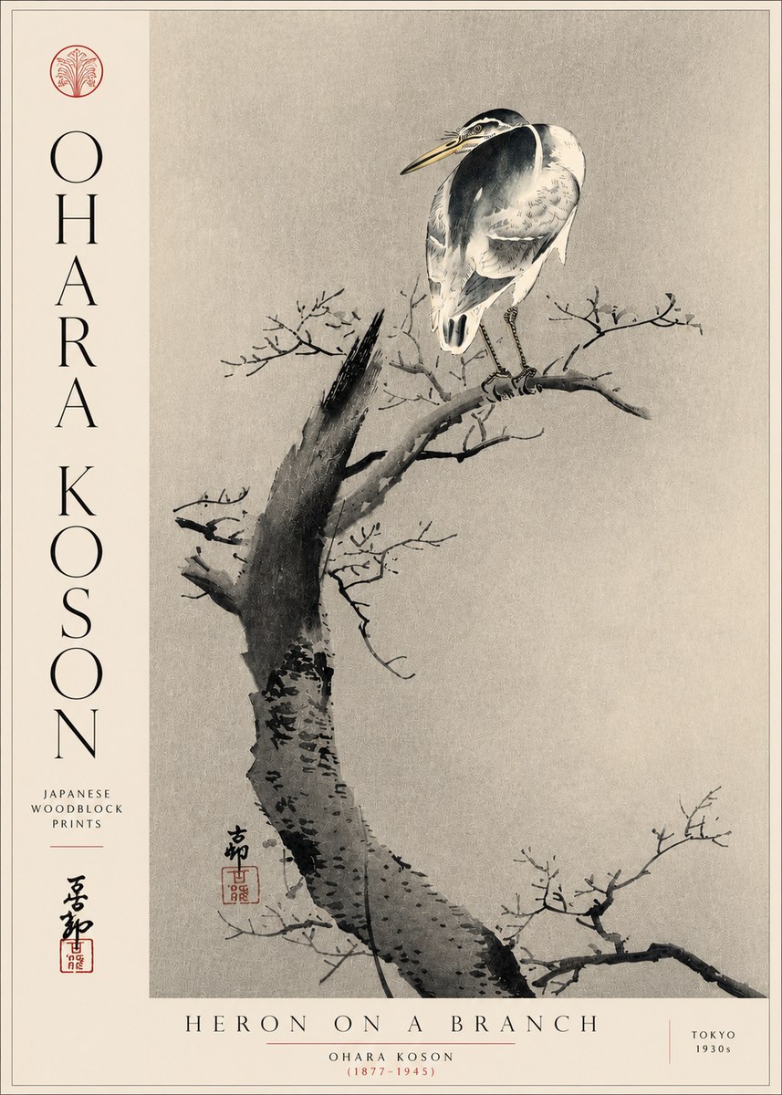 Ohara Koson Heron on a Branch No5 - Affiche