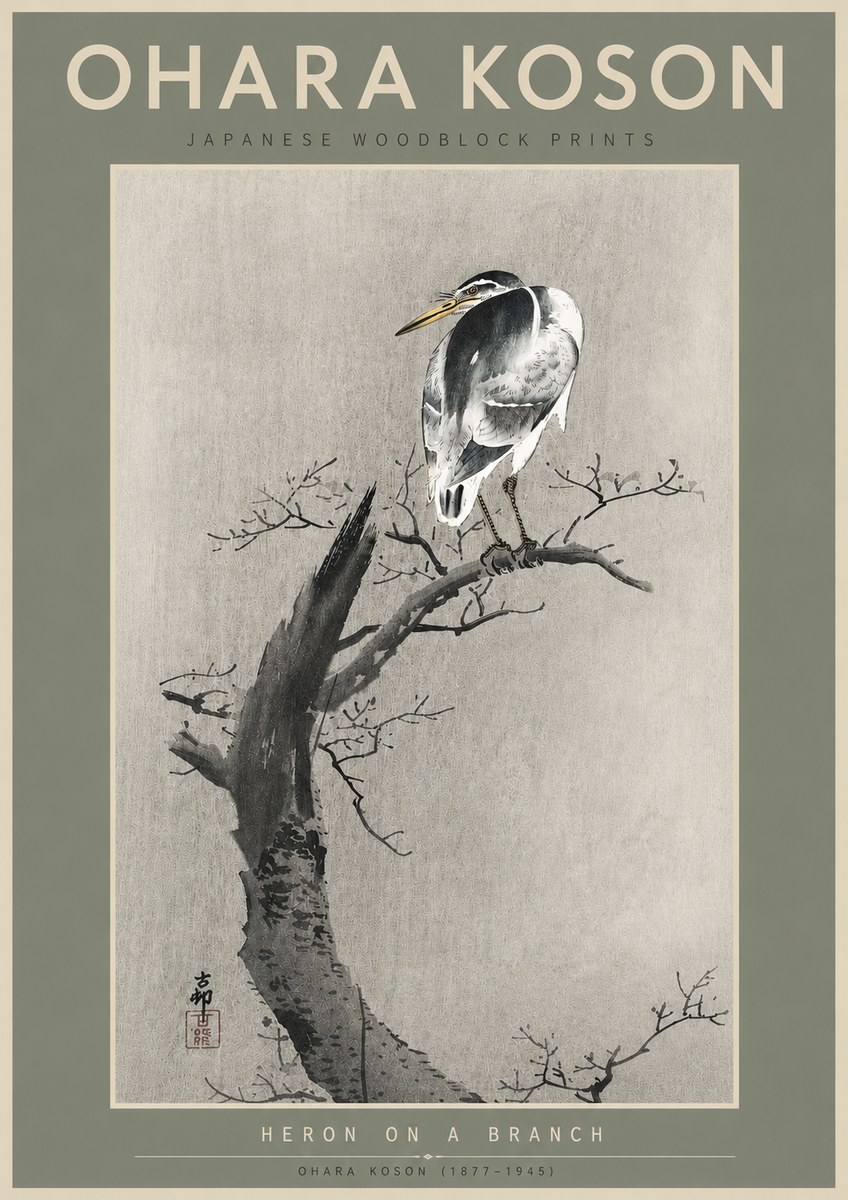 Ohara Koson Heron on a Branch No6 - Affiche