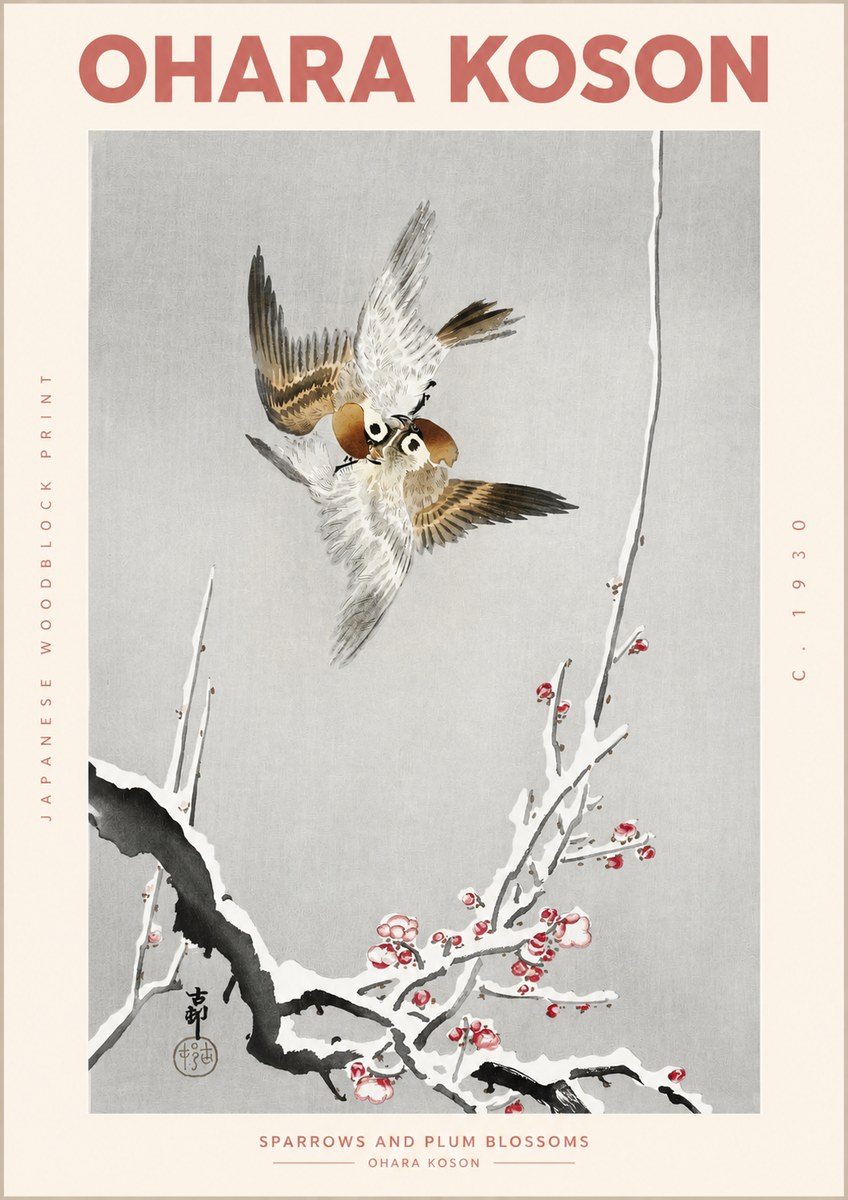 Ohara Koson Sparrows and Plum Blossoms No2 - Affiche