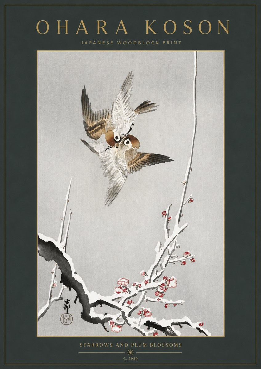 Ohara Koson Sparrows and Plum Blossoms No3 - Affiche