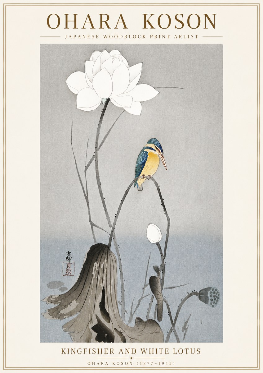 Ohara Koson Kingfisher and White Lotus No6 - Affiche