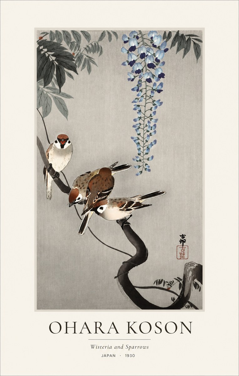 Ohara Koson Wisteria and Sparrows No1 - Affiche
