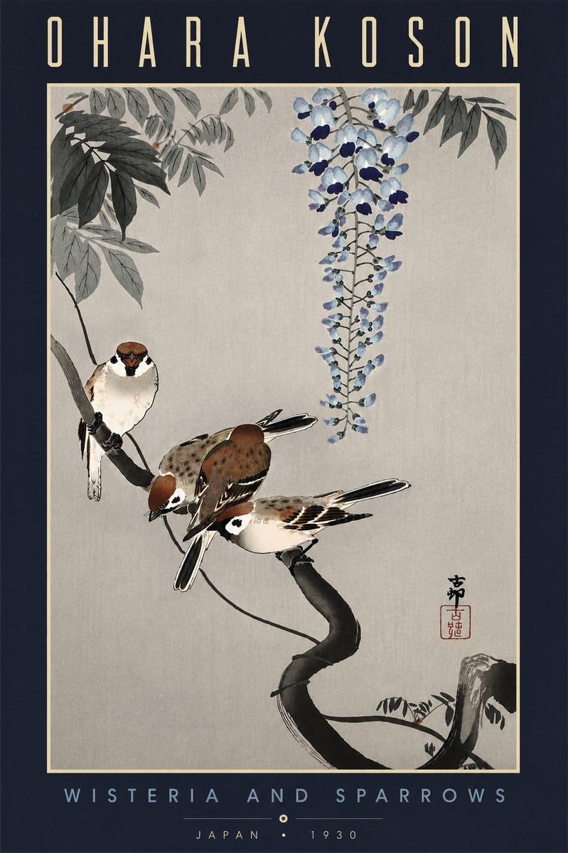 Ohara Koson Wisteria and Sparrows No6 - Affiche
