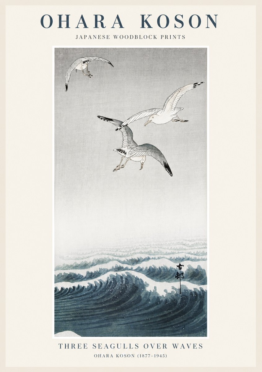 Ohara Koson Three Seagulls over Waves No1 - Affiche