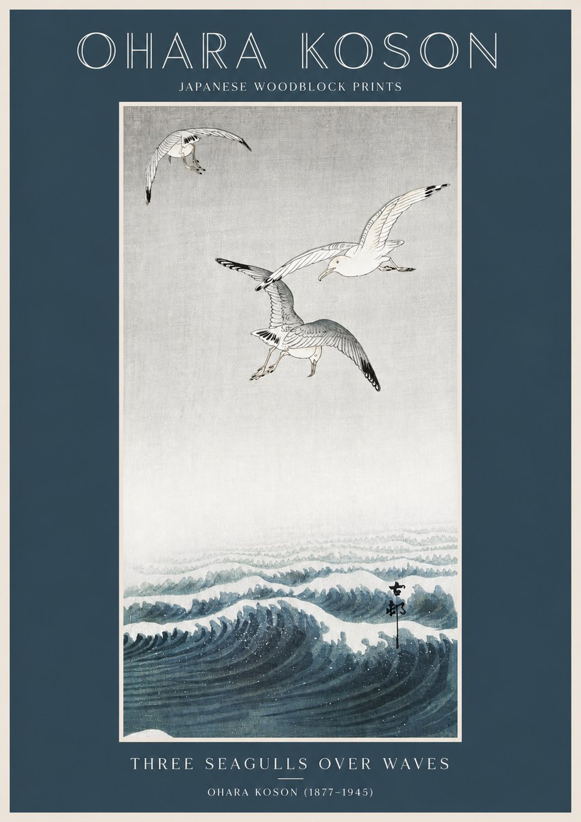 Ohara Koson Three Seagulls over Waves No2 - Affiche