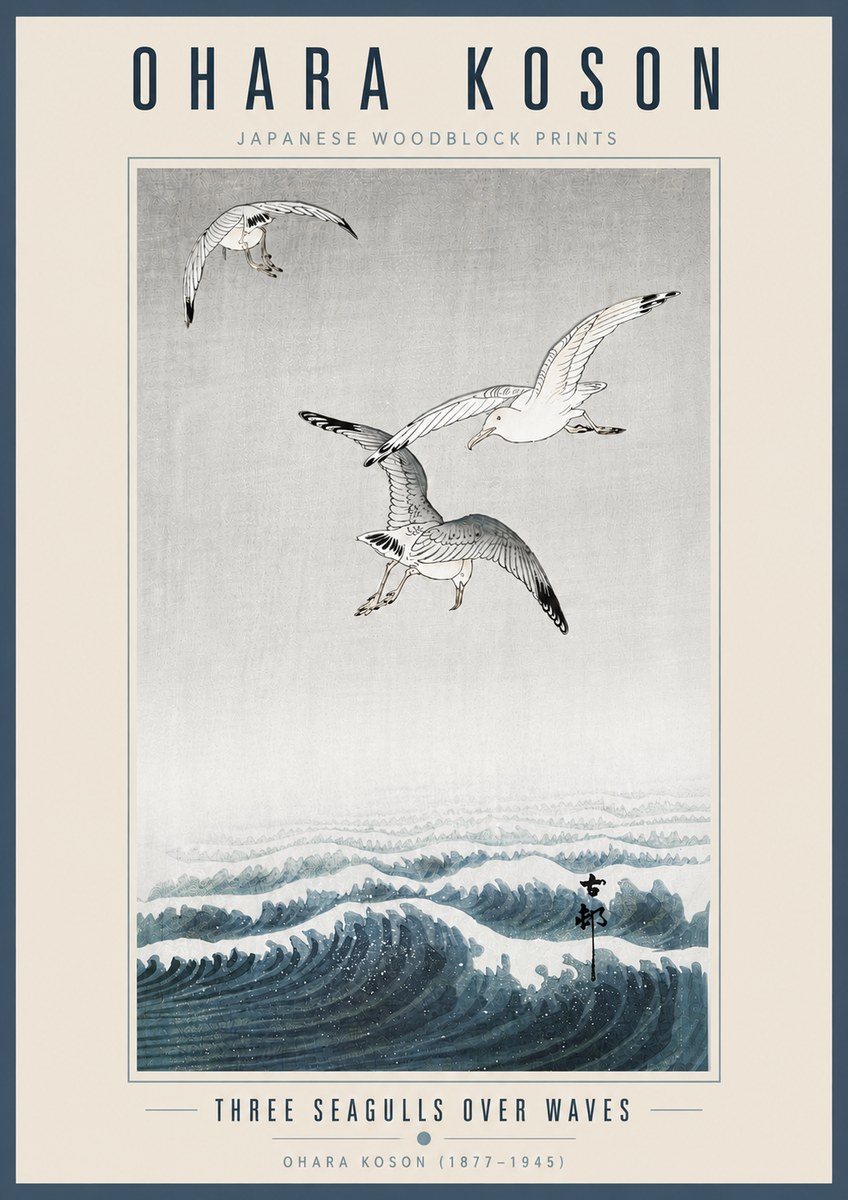 Ohara Koson Three Seagulls over Waves No5 - Affiche