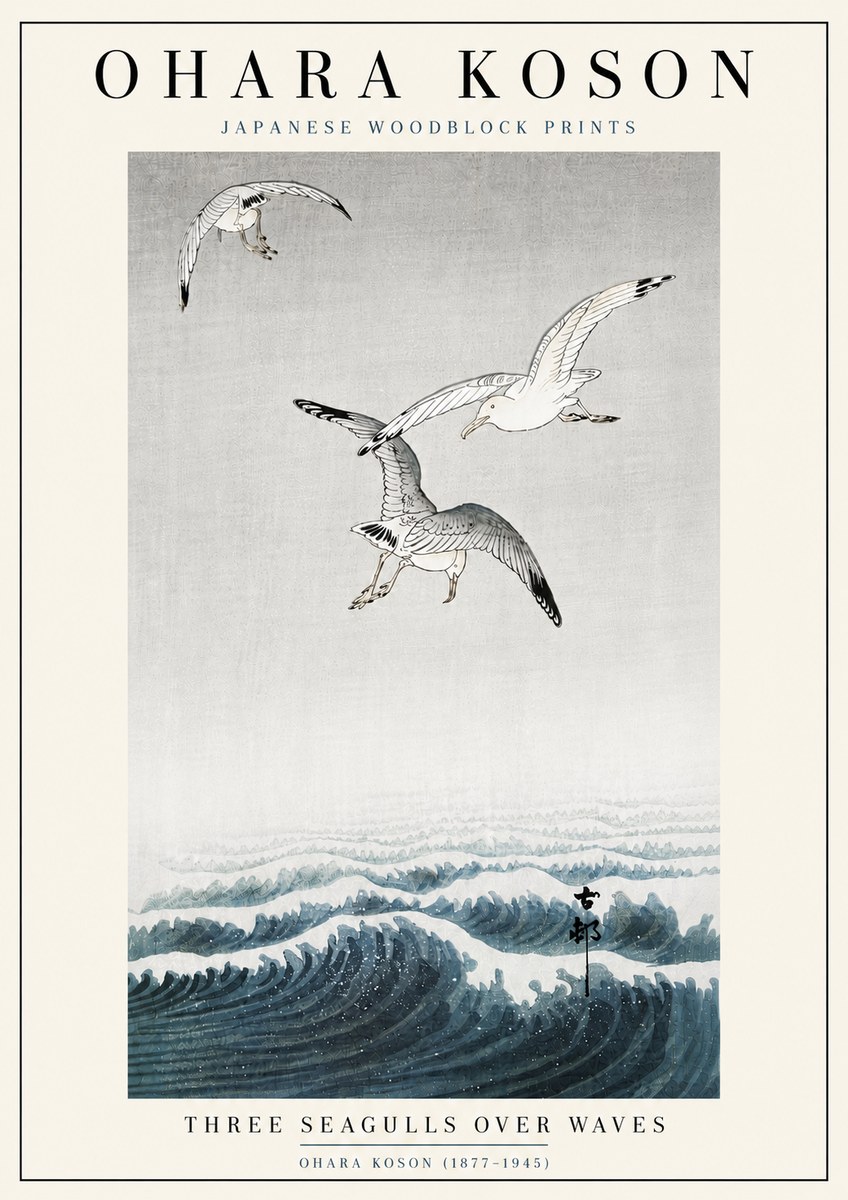 Ohara Koson Three Seagulls over Waves No6 - Affiche