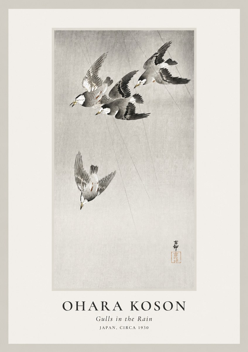 Ohara Koson Gulls in the Rain No1 - Affiche