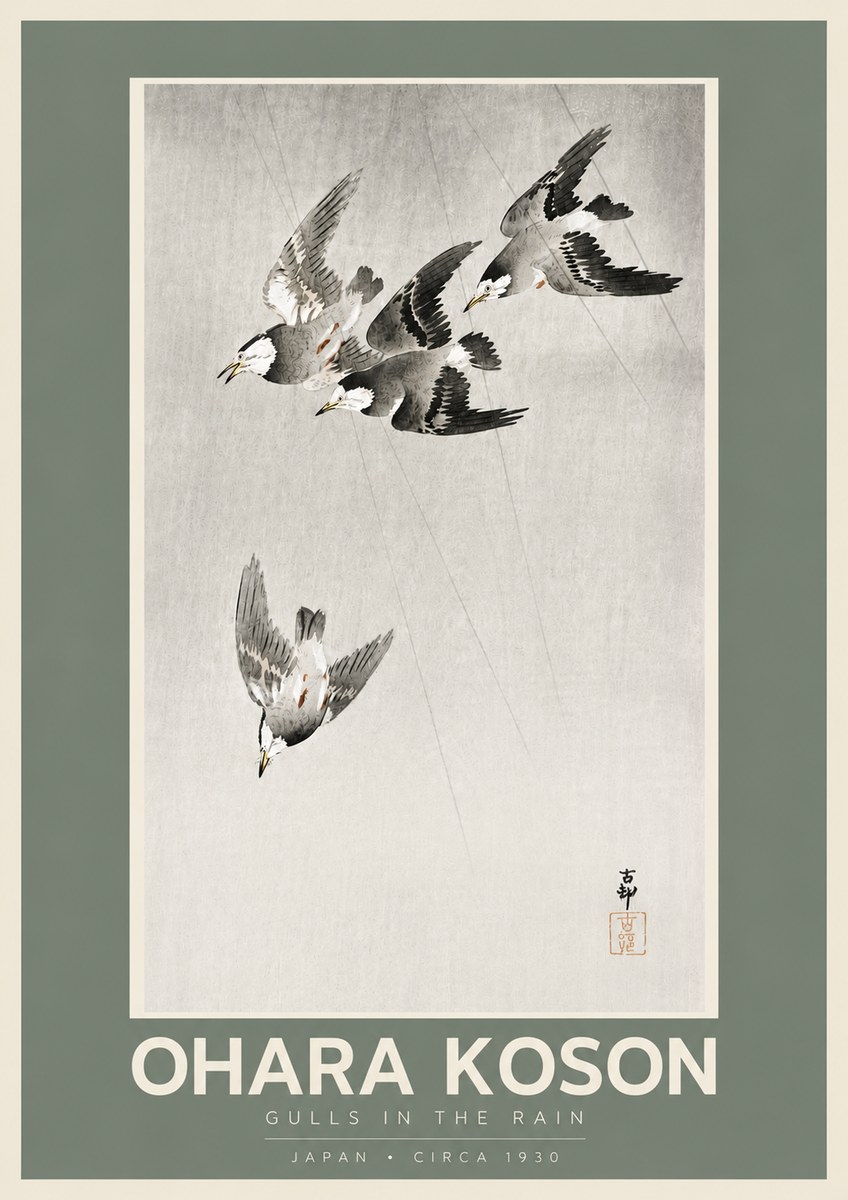 Ohara Koson Gulls in the Rain No5 - Affiche