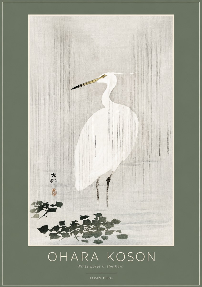 Ohara Koson White Egret in the Rain No2 - Affiche