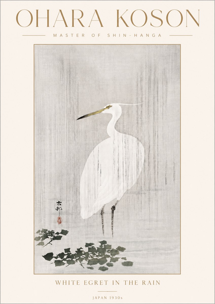 Ohara Koson White Egret in the Rain No4 - Affiche