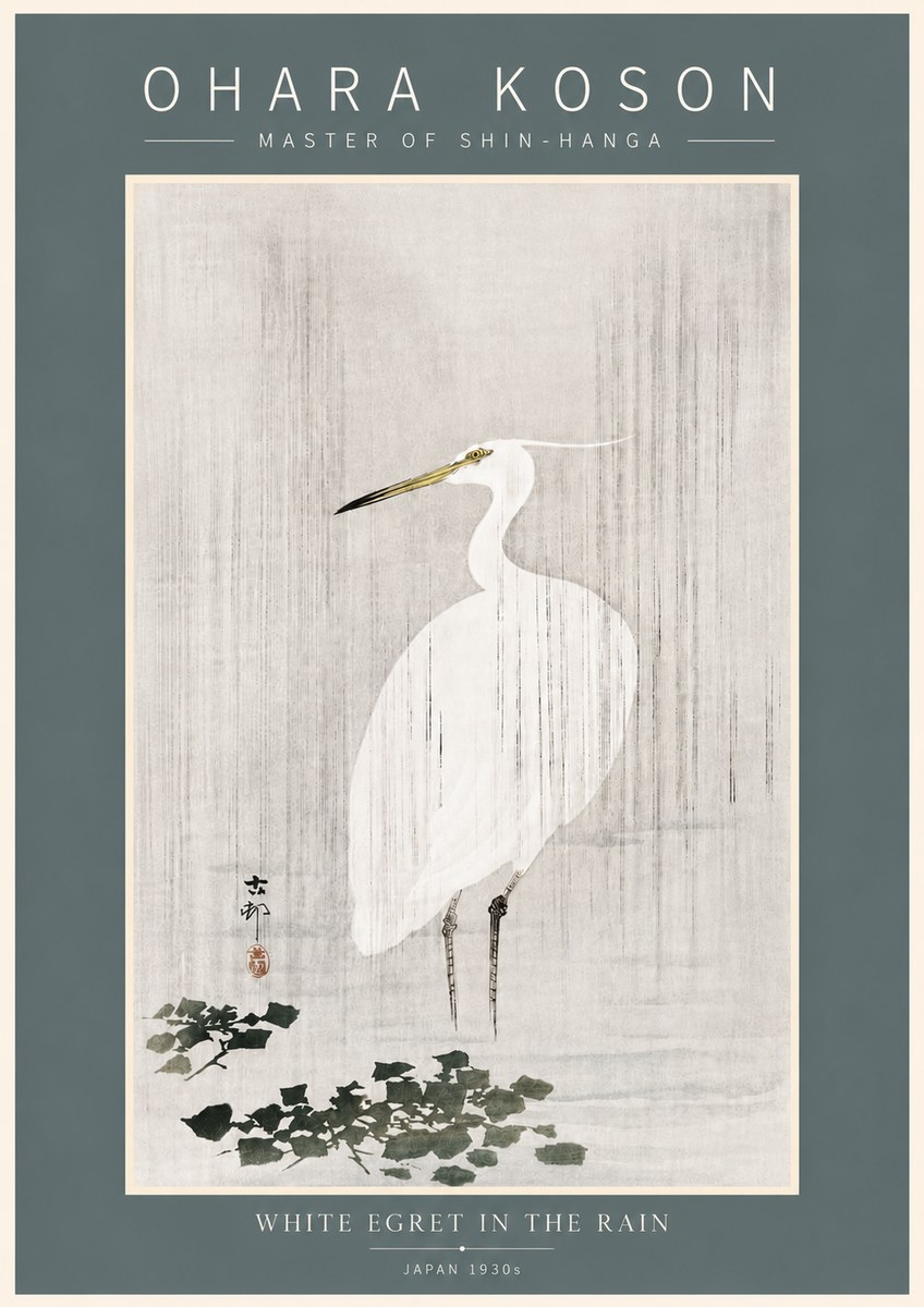Ohara Koson White Egret in the Rain No5 - Affiche