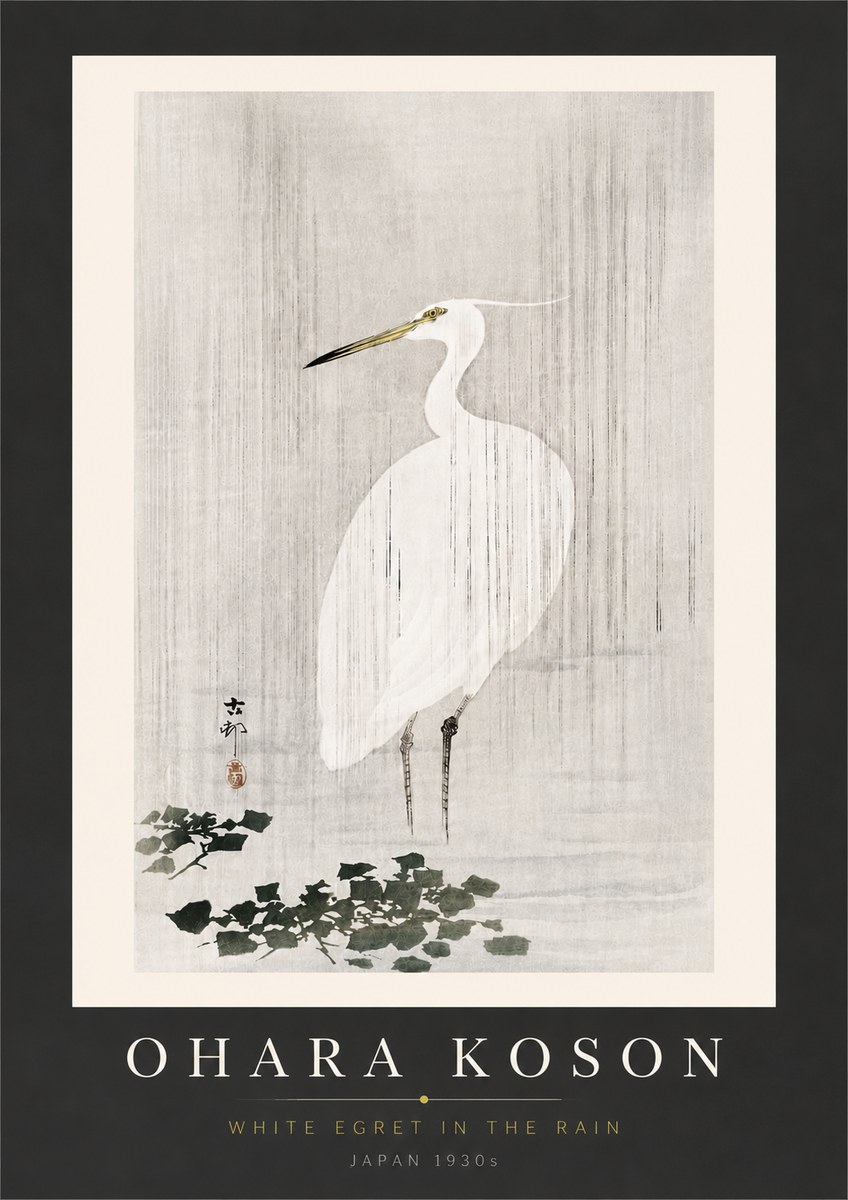 Ohara Koson White Egret in the Rain No6 - Affiche