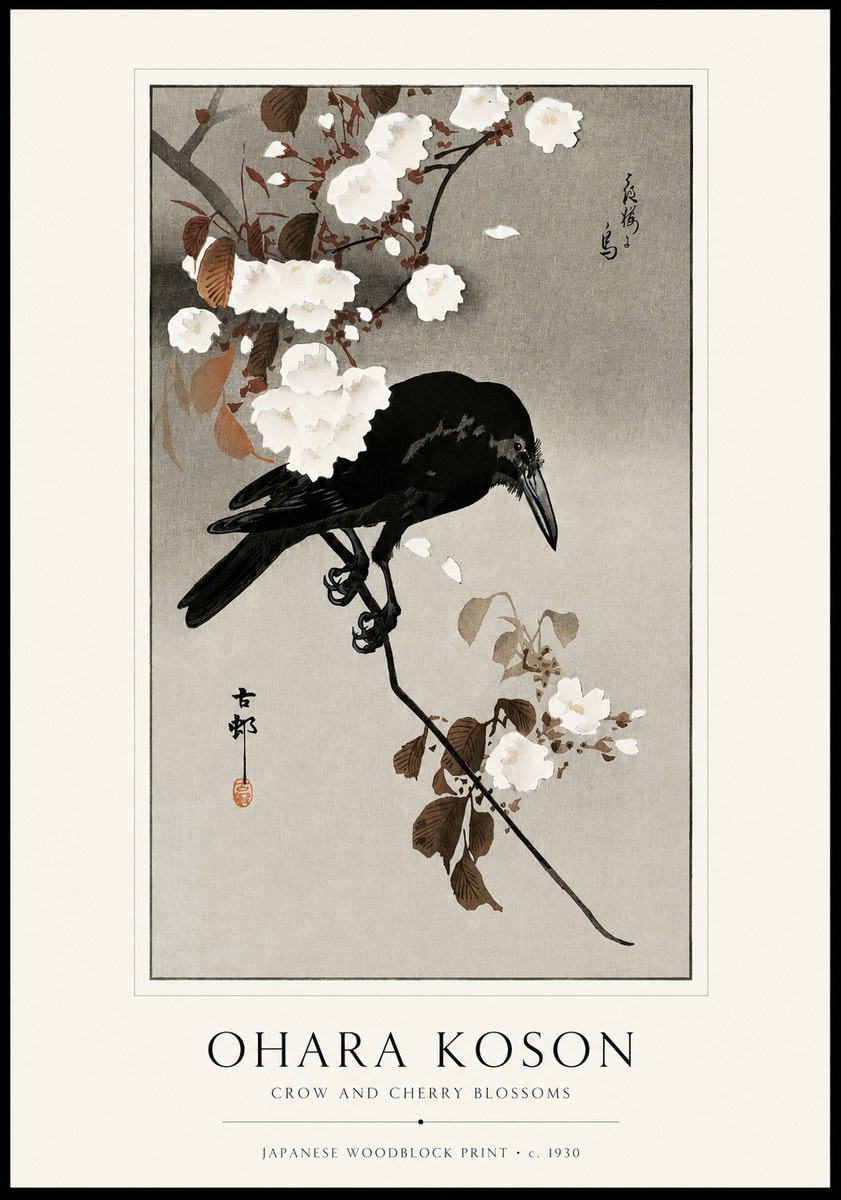 Ohara Koson Crow and Cherry Blossoms No1 - Affiche