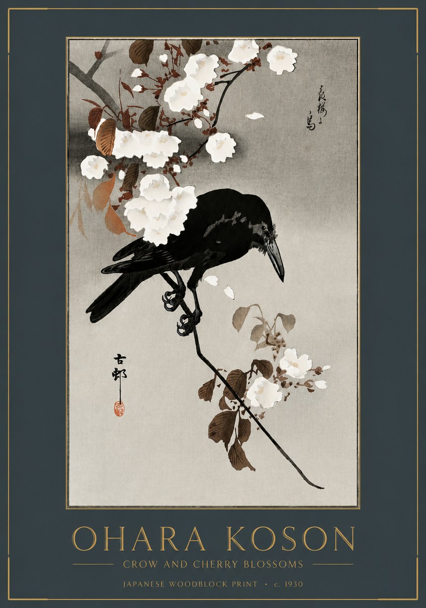 Ohara Koson Crow and Cherry Blossoms No2 - Affiche