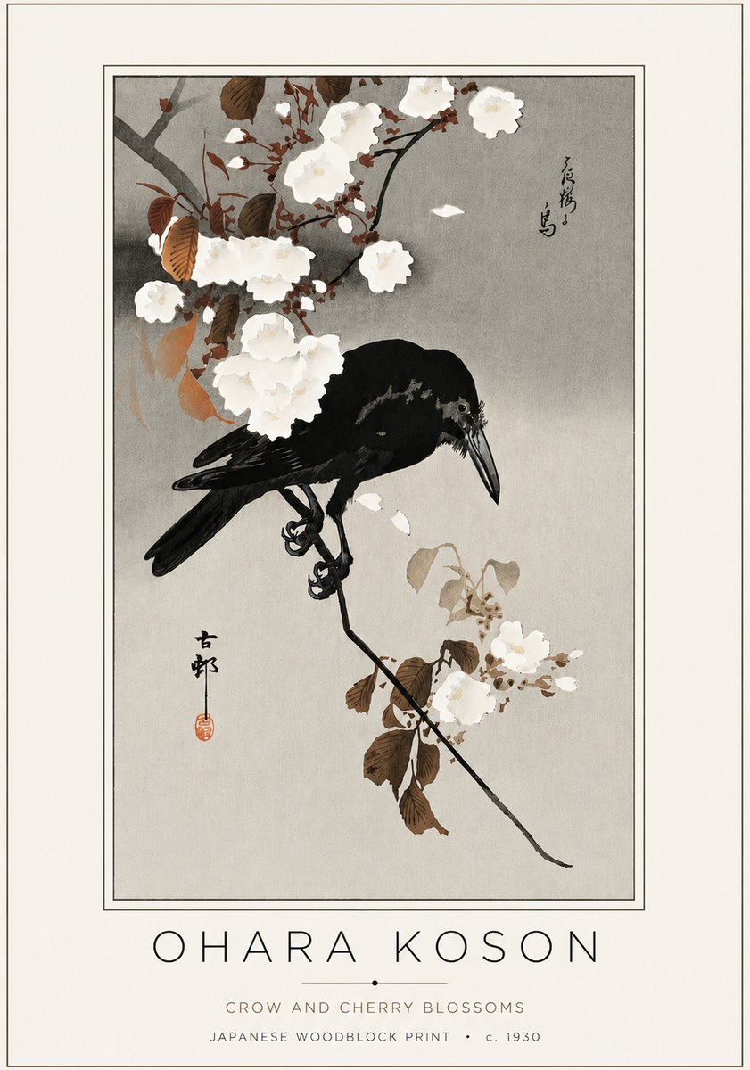 Ohara Koson Crow and Cherry Blossoms No4 - Affiche