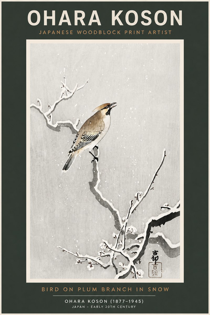 Ohara Koson Bird on Plum Branch in Snow No2 - Affiche