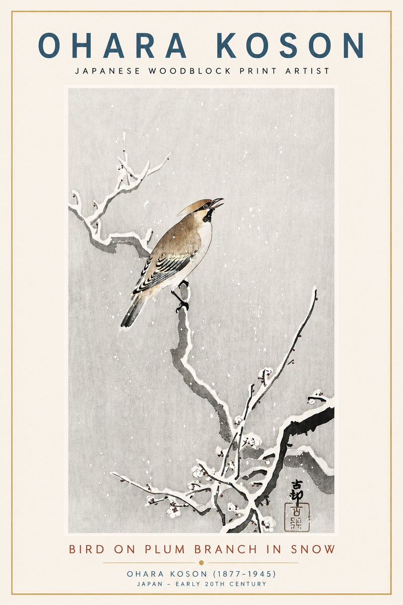 Ohara Koson Bird on Plum Branch in Snow No3 - Affiche