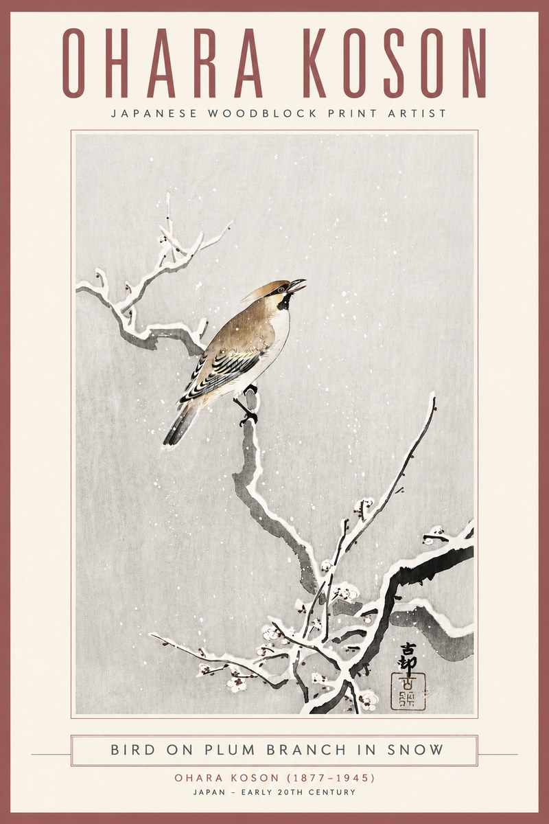 Ohara Koson Bird on Plum Branch in Snow No4 - Affiche