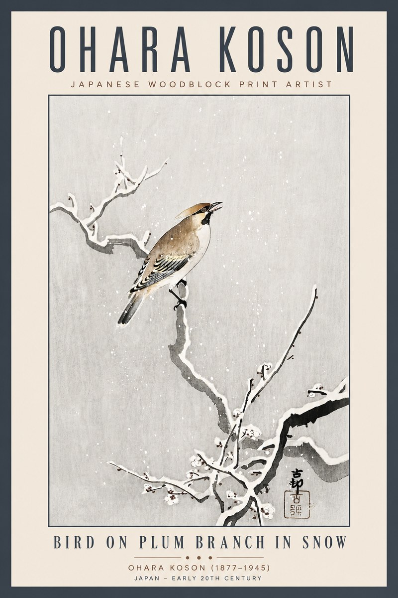 Ohara Koson Bird on Plum Branch in Snow No5 - Affiche