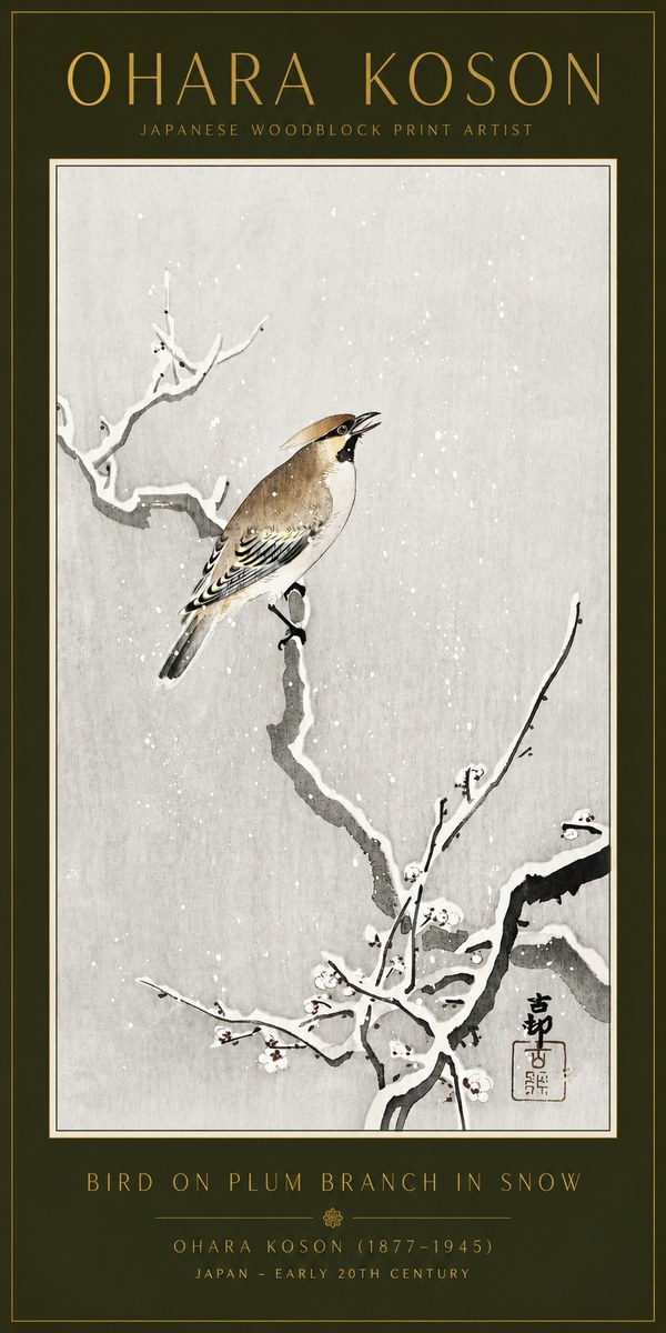 Ohara Koson Bird on Plum Branch in Snow No6 - Affiche