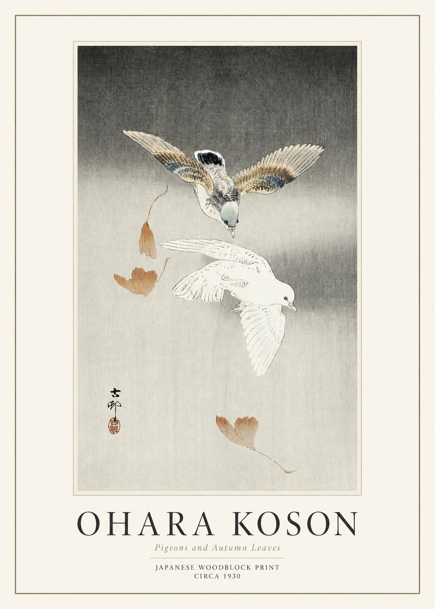Ohara Koson Pigeons and Autumn Leaves No1 - Affiche