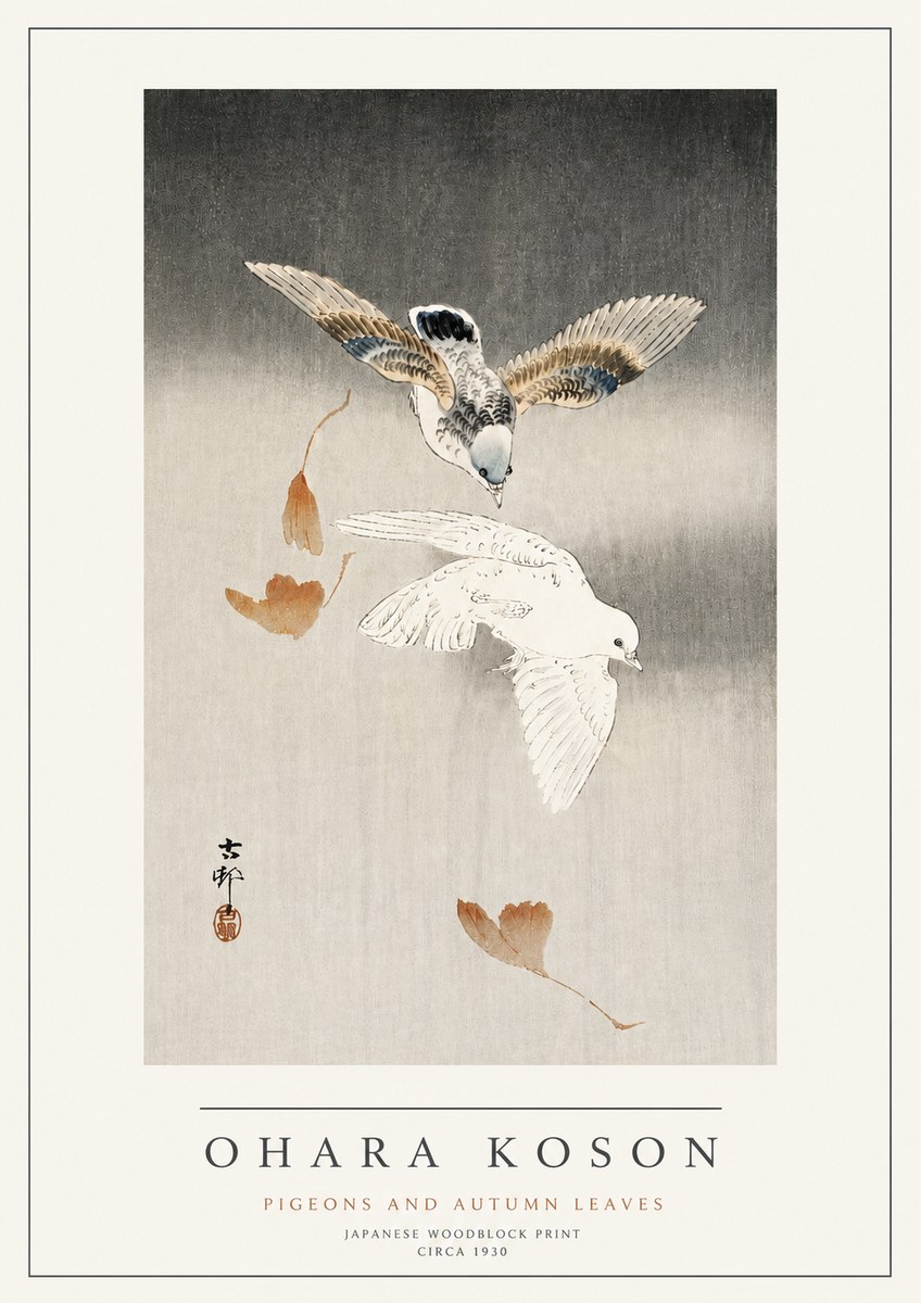 Ohara Koson Pigeons and Autumn Leaves No4 - Affiche