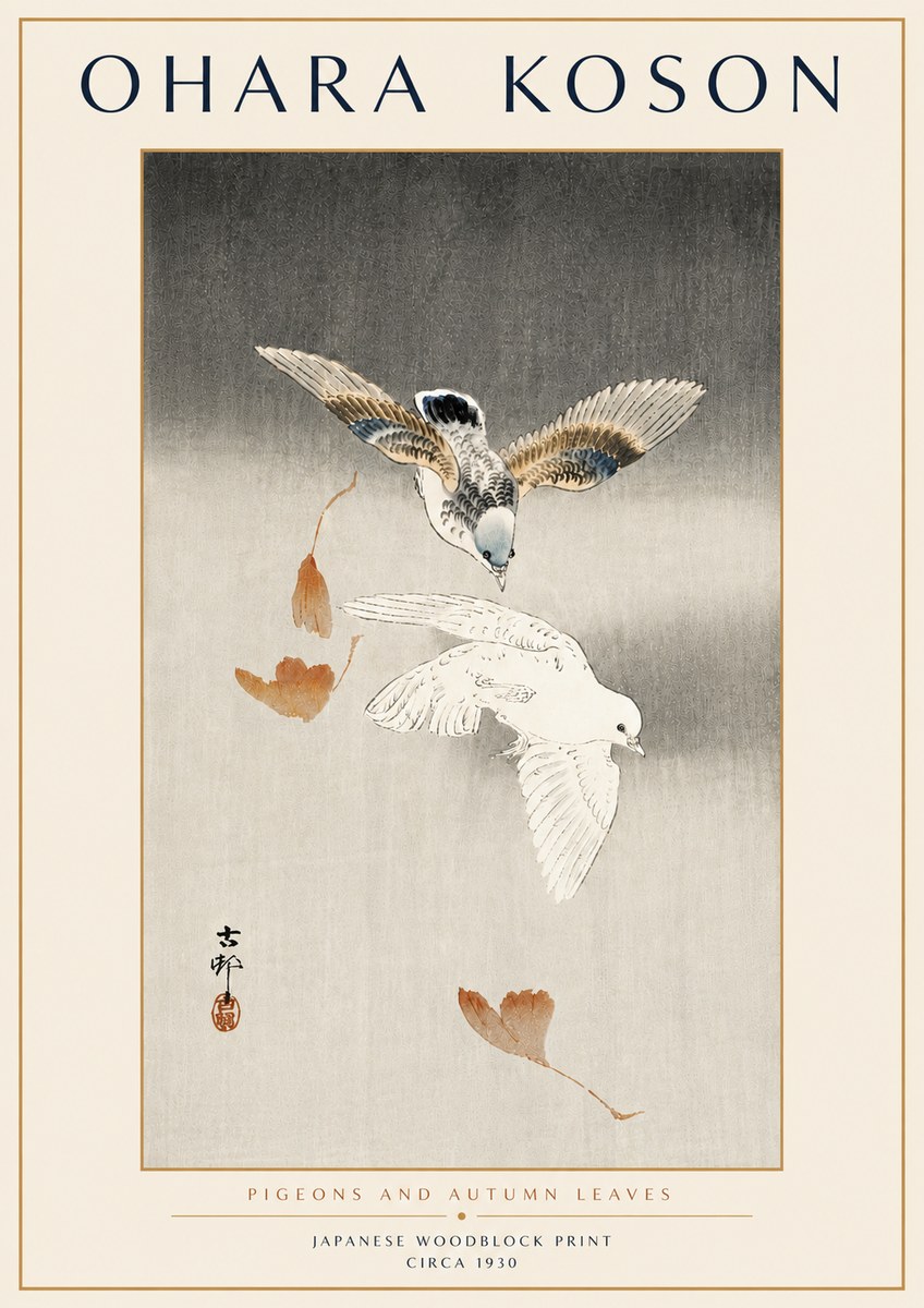 Ohara Koson Pigeons and Autumn Leaves No6 - Affiche