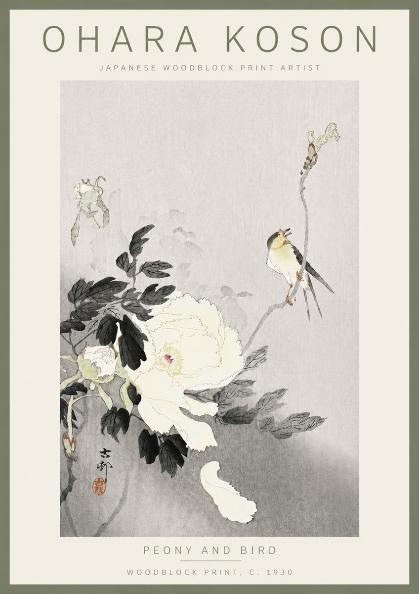 Ohara Koson Peony and Bird No5 - Affiche