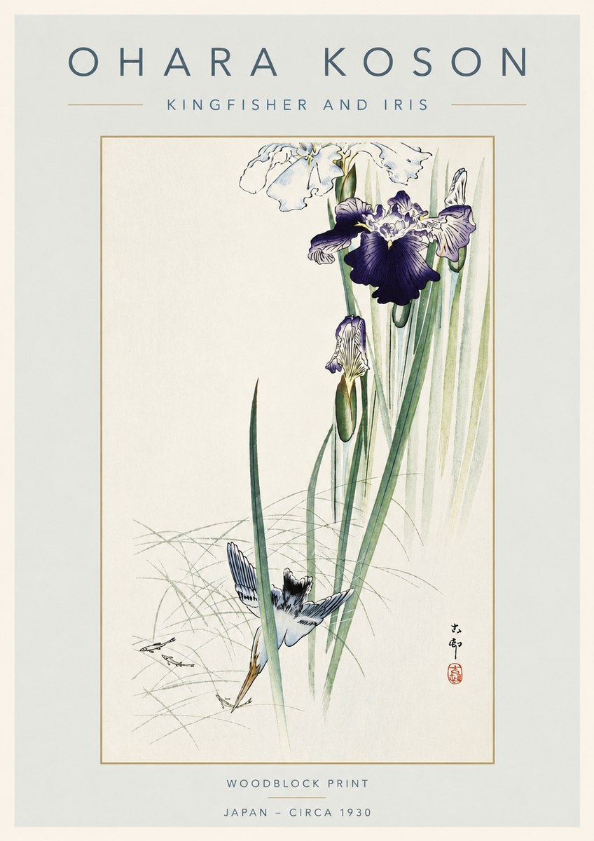 Ohara Koson Kingfisher and Iris No4 - Affiche