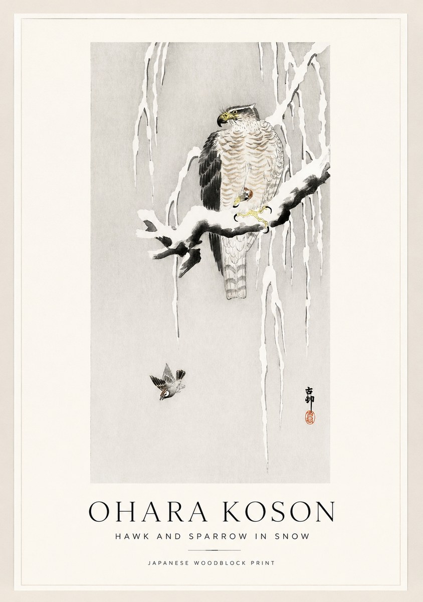 Ohara Koson Hawk and Sparrow in Snow No1 - Affiche