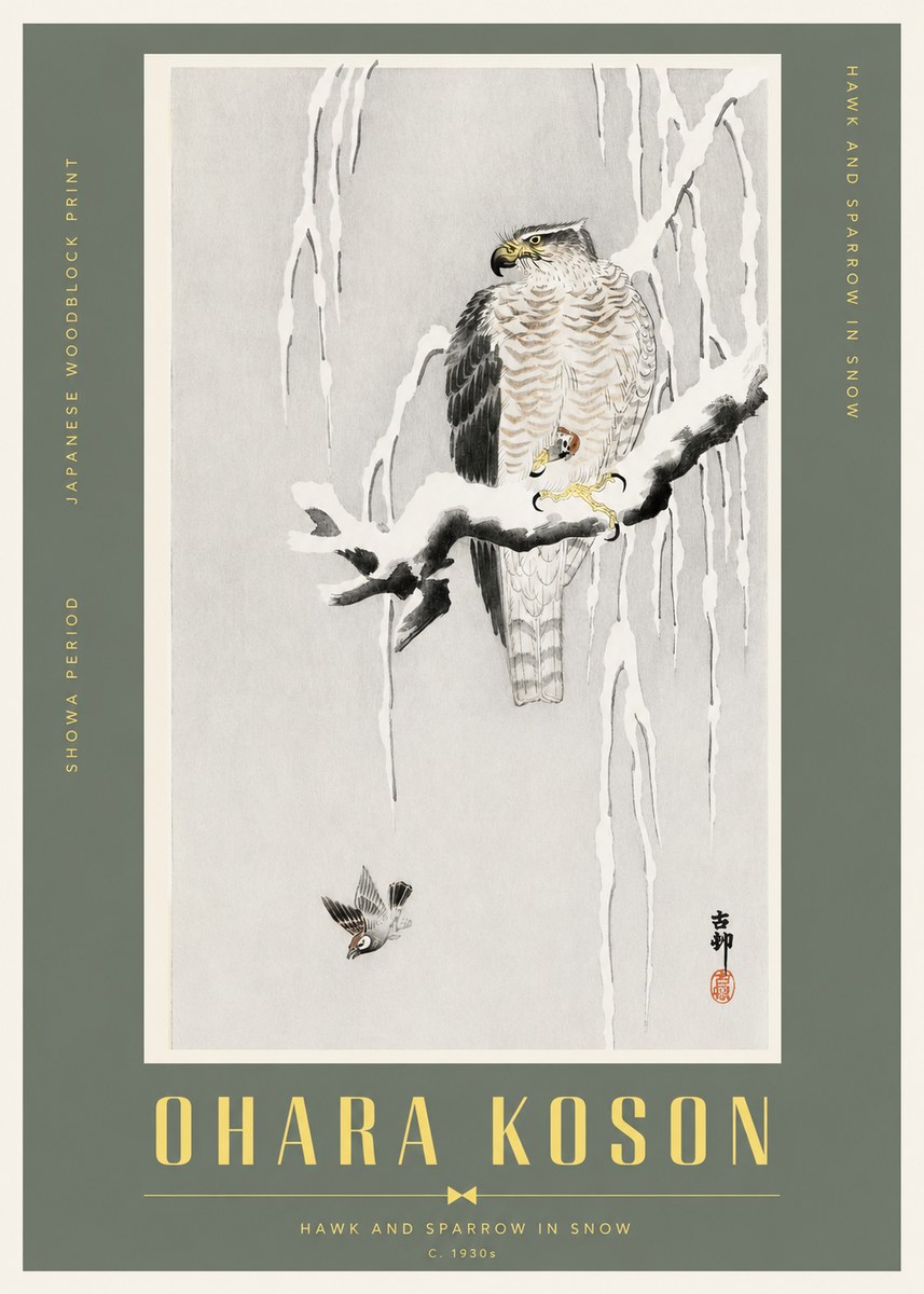 Ohara Koson Hawk and Sparrow in Snow No2 - Affiche
