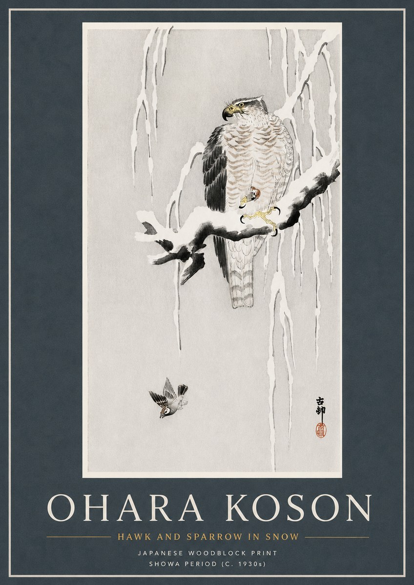 Ohara Koson Hawk and Sparrow in Snow No3 - Affiche