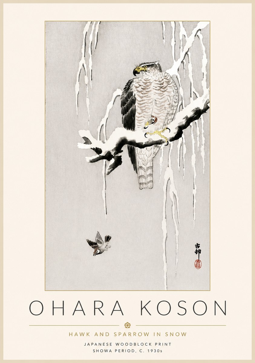 Ohara Koson Hawk and Sparrow in Snow No4 - Affiche