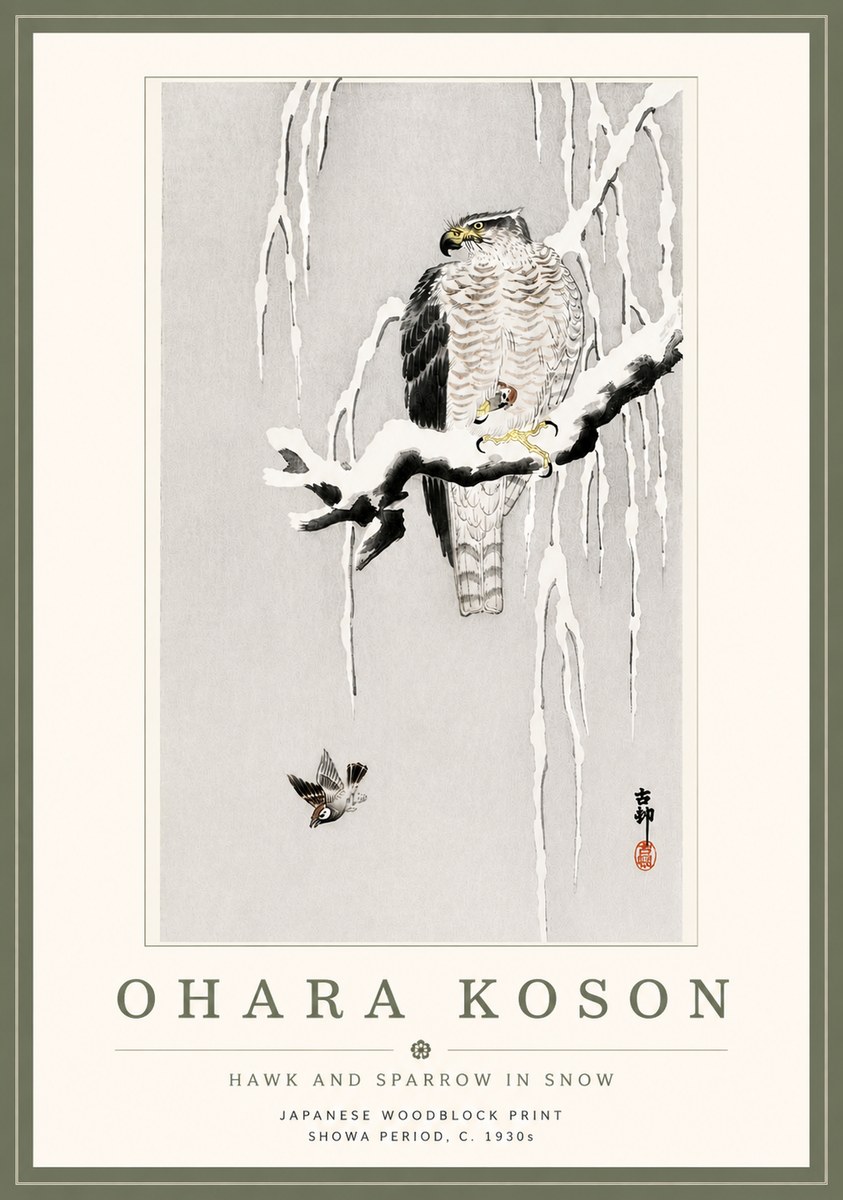 Ohara Koson Hawk and Sparrow in Snow No5 - Affiche