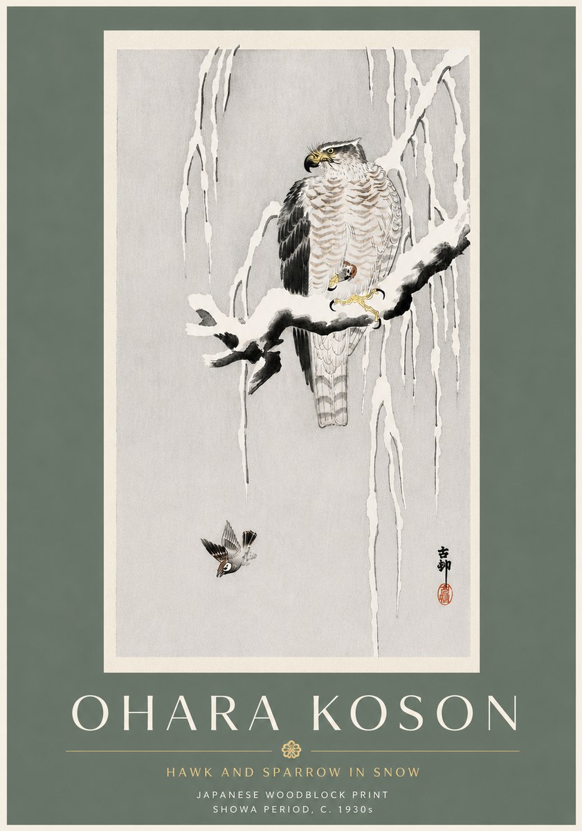 Ohara Koson Hawk and Sparrow in Snow No6 - Affiche