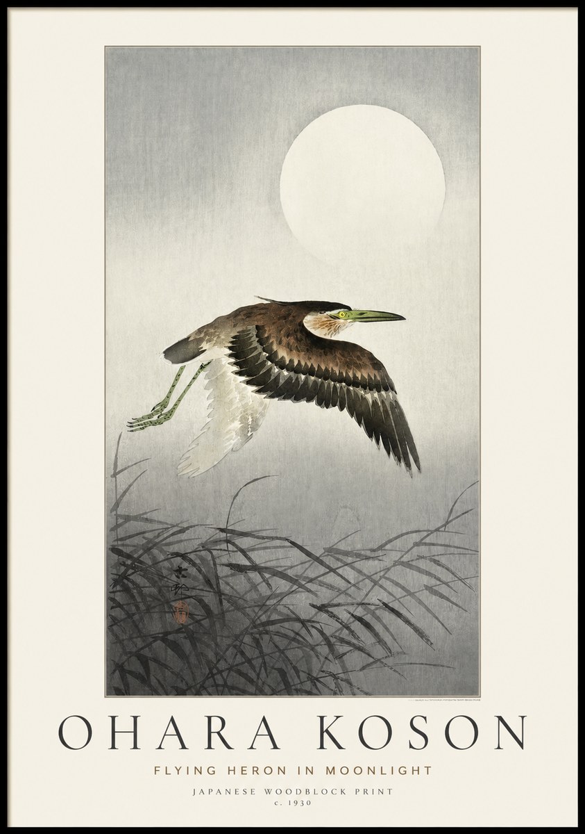 Ohara Koson Flying Heron in Moonlight No1 - Affiche