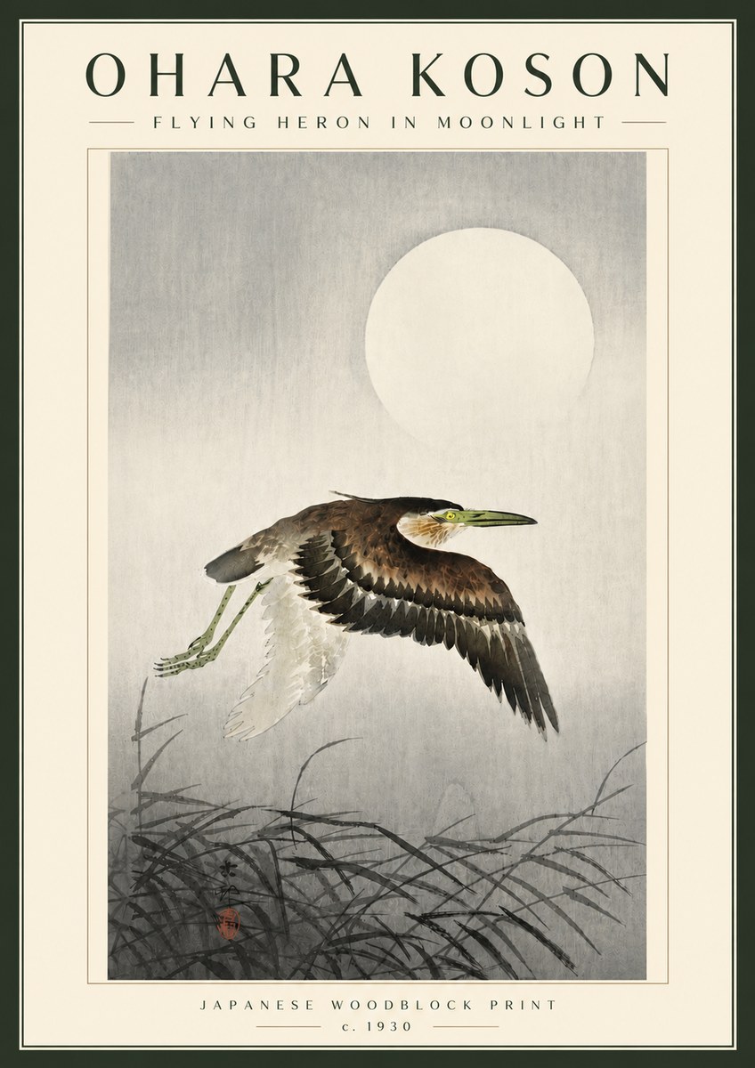 Ohara Koson Flying Heron in Moonlight No5 - Affiche