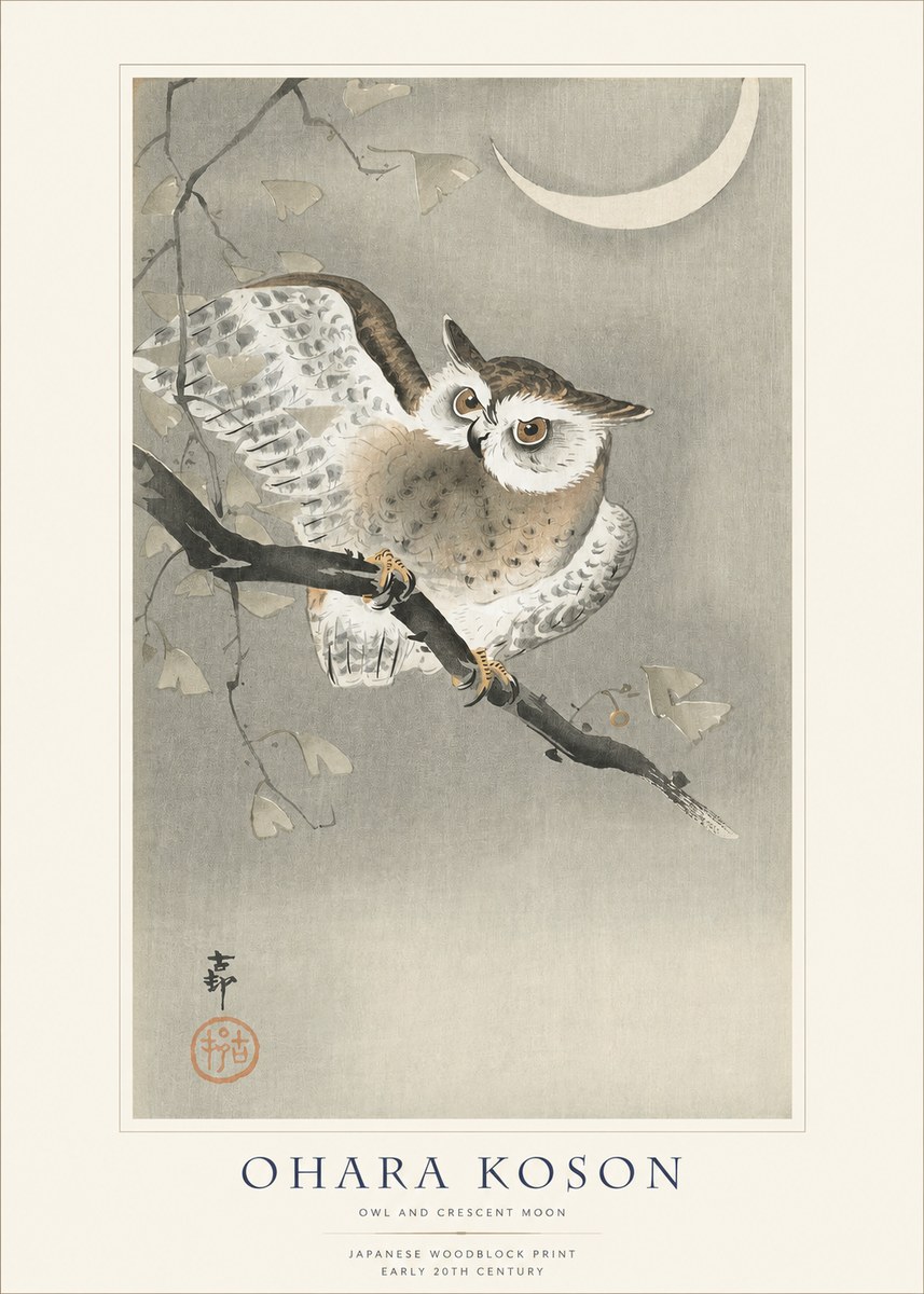Ohara Koson Owl and Crescent Moon No1 - Affiche