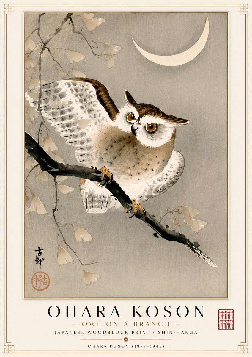 Ohara Koson Owl and Crescent Moon No2 - Affiche