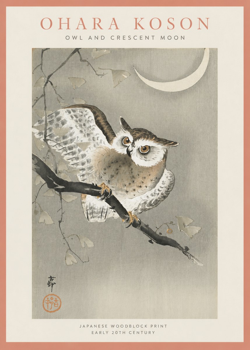 Ohara Koson Owl and Crescent Moon No4 - Affiche