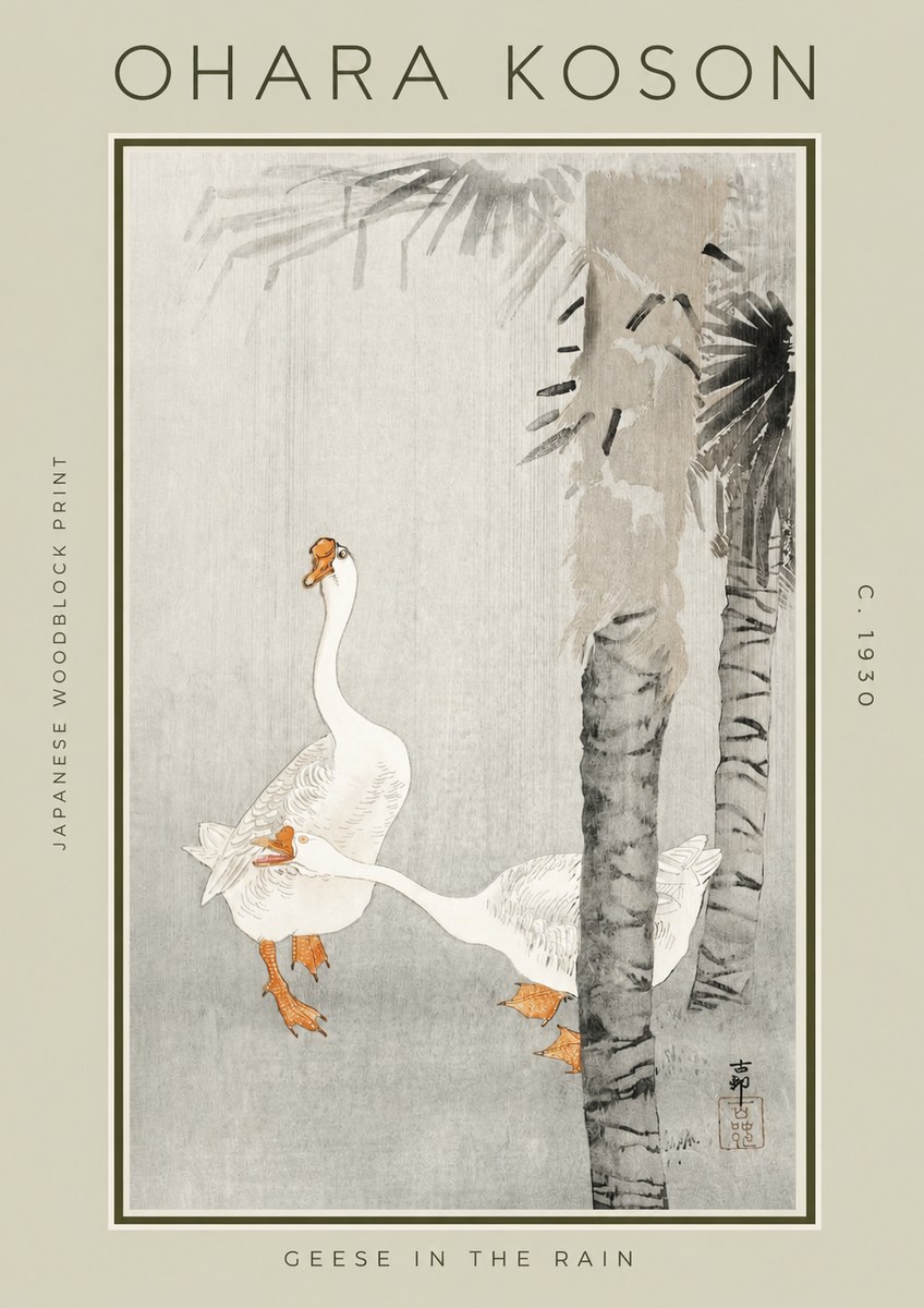 Ohara Koson Geese in the Rain No2 - Affiche